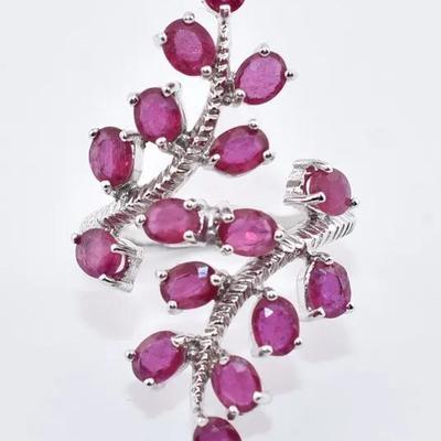 Sterling Silver Natural Ruby Dual Leaf Ring - Possibly Treated