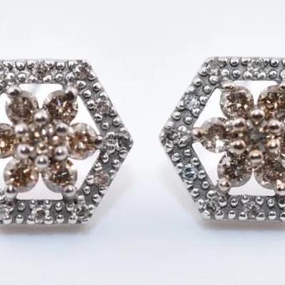 14k White Gold Natural Champagne Diamond Floral Stud Earrings