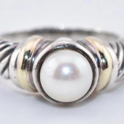 David Yurman - Sterling Silver & 14k Yellow Gold Sculpted Cable Pearl Ring