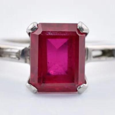14k White Gold 3.5 Carat Rectangular Ruby Ring - Possibly Natural