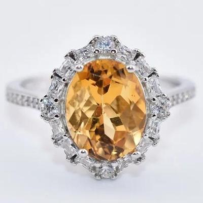 Sterling Silver 2.5 Carat Natural Unheated Oval Citrine Ring