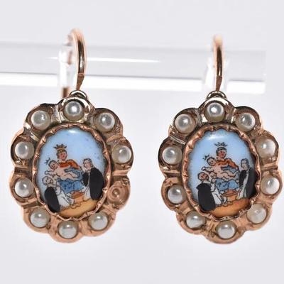 Antique European 10k Rose Gold Seed Pearl & Enamel Earrings