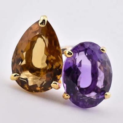 Sterling Silver 31 TCW Natural Unheated Pear Citrine & Oval Amethyst Statement Ring