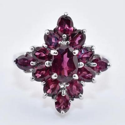 Sterling Silver Natural Unheated Rhodolite Garnet Cluster Ring - VVS to IF