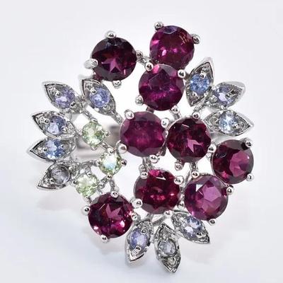 Sterling Silver Natural Unheated Rhodolite Garnet, Peridot & Tanzanite Ring - VVS to IF