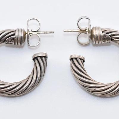 David Yurman - Sterling Silver & 14k Yellow Gold Beaded Sculpted Cable Open Hoop Earrings