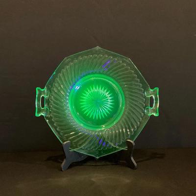 Green Uranium Glass Cake Tray With Handles