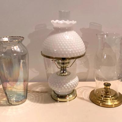 Vintage Hobnail Lamp, Candle Holder & Tall Glass Vase