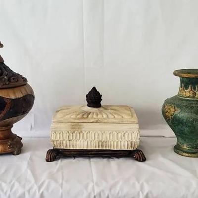 (1) Ornate Box, (1) Vase, (1) Covered Container