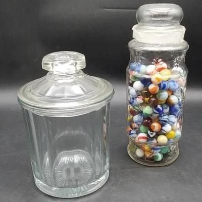 Large Collection of Marbles and Vintage Jar