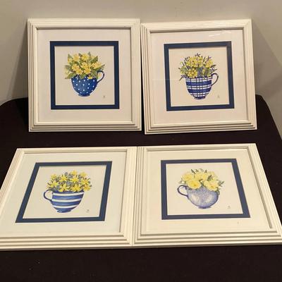 (4) Framed Cheerful Teacup Pictures 
