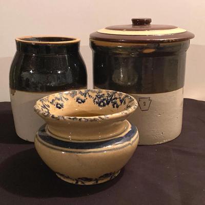  Antique Spongeware Spittoon & Ceramic Crocks