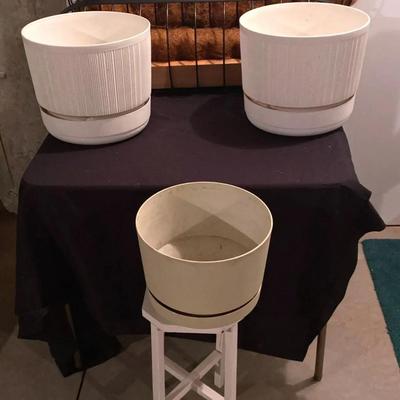 (2) Metal Window Boxes, (3) Pots and Small Table