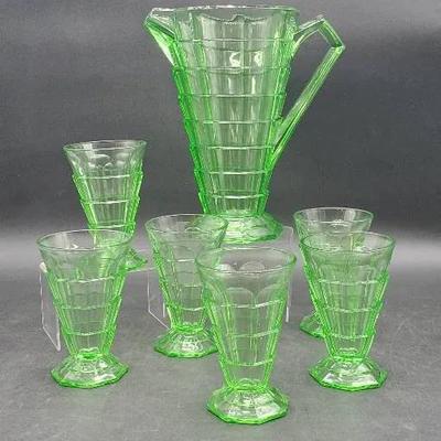 Vintage Uranium Glass Pitcher and (6) Glasses