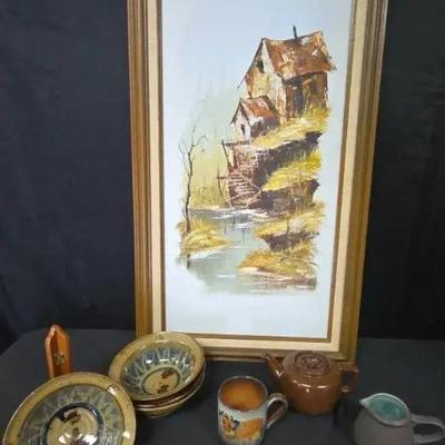 Ct684 original vintage hand painted oil painting of rustic homestead