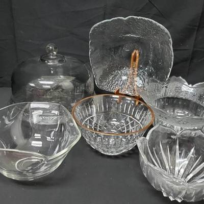 Ct637 glass cake stand and assorted glass bowls