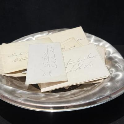 19th c visitor:calling cards in silver bowl
