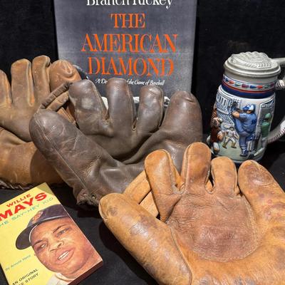 Vintage baseball gloves avon collectible tankard, & more