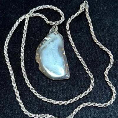 Agate geode slice pendant sterling necklace.