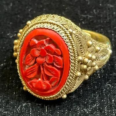 Chinese lotus flower cinnabar silver filagree ring