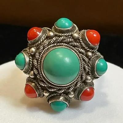 Silver turquoise and carnelian cluster ring