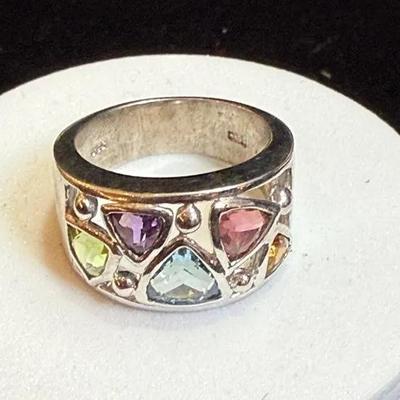 Sterling multi gemstone ring featuring in a geometric design