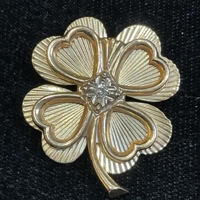 14k gold diamond four leaf clover brooch