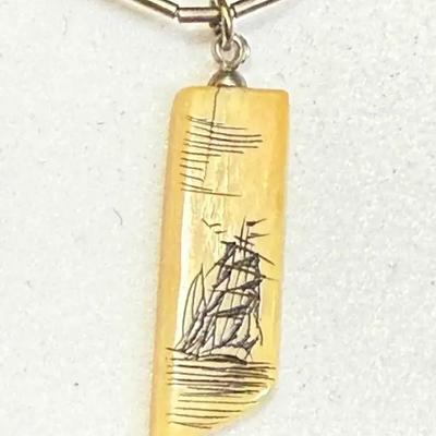 Scrimshaw pendant necklace schooner ship