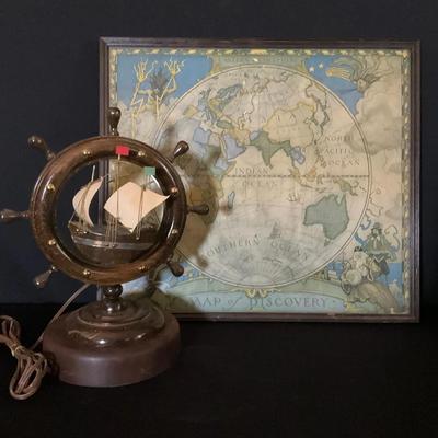 Ships Wheel Lamp And Framed Map
