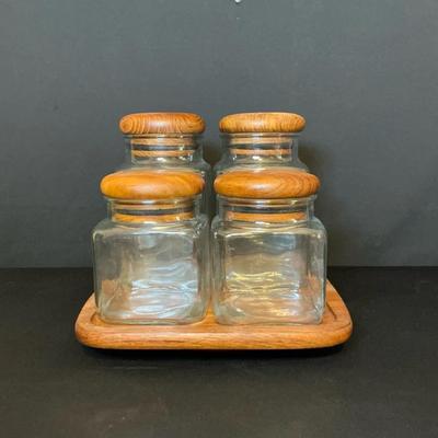 Vintage Teak Lazy Sue And Glass Canisters With Teak Lids