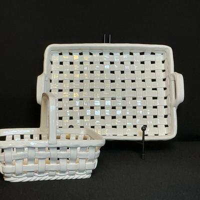 Vintage Portugal Ceramic Basket Weave White Tray & Basket