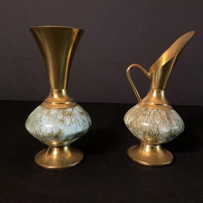 Delft Holland Brass And Painted Ceramic Vase And Pitcher
