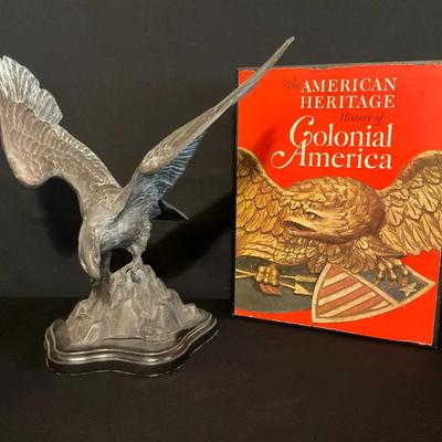 Cast Metal American Eagle On Pedestal & American Heritage Book Set