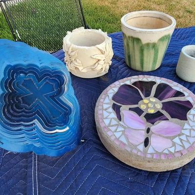 Mosaic Garden Stone,  Pots, & Blue Cross Wind Spinner