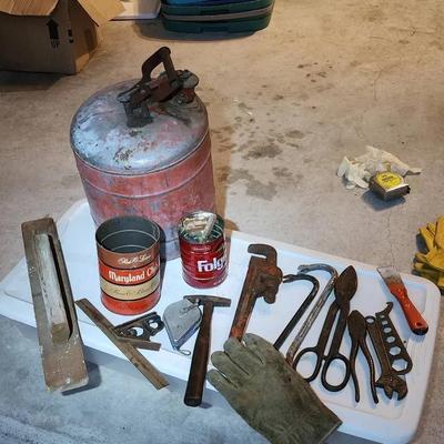 Large Metal Gas Can & Old Tools