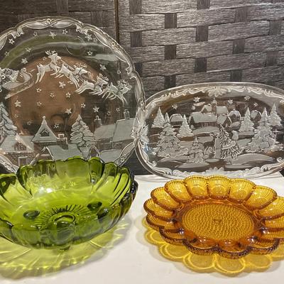 Glass Holiday Plates, Amber glass egg Dish & Green Footed Fruit Bowl