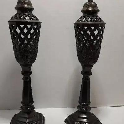 Metal 17" Table-top Candle Holders, Dhuna Style 2 pc. Bronze Colored Ornate Metal