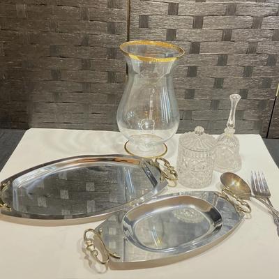 Kromex Serving Dishes, Rogers Original Salad Utensils, Crystal Canister & Bell, Gold rim Vase