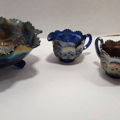 Carnival Glass - Footed Bowl, Creamer & Sugar
