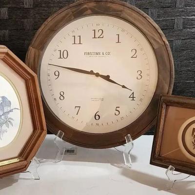 Pen & Ink Drawing "Chit Chat", Framed Butterfly, & Large Round Clock (See Description)