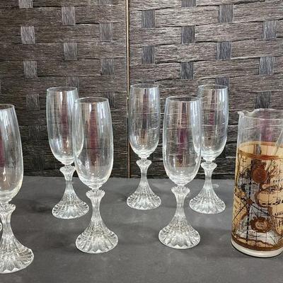 Champagne Fluted Stemware (Possibly Mikasa) & World Map Highball Glass