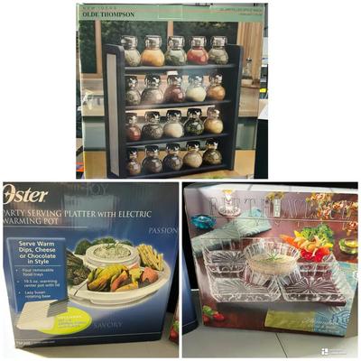 Oster Warming Party Tray, Spice Rack With Spices, And Crystal Serving 