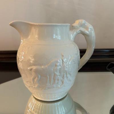 Sale Photo Thumbnail #175: Vintage Wedgwood Etruria pitcher. Lovely fox hunting scene with Labrador retriever handle. 