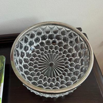 Sale Photo Thumbnail #9: Lovely tear drop heavy crystal bowl with silver rim. 
