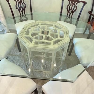 Sale Photo Thumbnail #152: lovely distressed white Chinese chippendale dining table with thick glass top. 