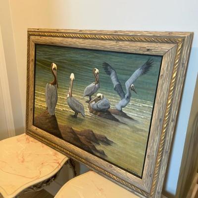 Large original oil on canvas in solid wood nautical frame. Signed by the artist. 
