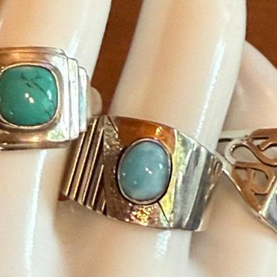 (3) Sterling Silver Rings - Larimar - Turquoise & Rose Quartz - (1) 18K Gold Accent Size 9-9.5 - 21.17 Grams
