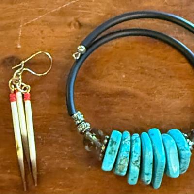 Turquoise Chunk Bead Leather Wrap Bracelet & Quill Wire Earrings With Red Seed Beads
Turquoise Chunk Bead Leather Wrap Bracelet &...