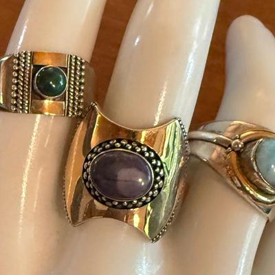 (3) Sterling Silver Rings Size 9 - Larimar Malachite & Charoite W 18k Gold Accent - 24.27 Grams