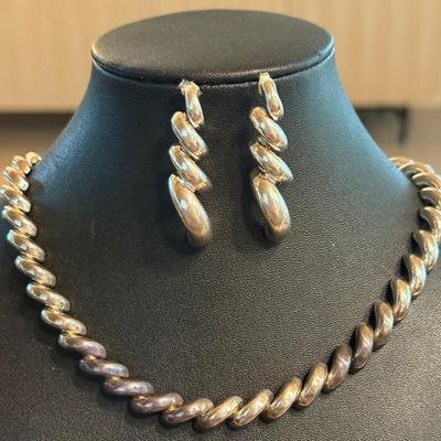Sterling Silver Italy Twist 16 Inch Necklace And Matching Earrings - 53 Grams
